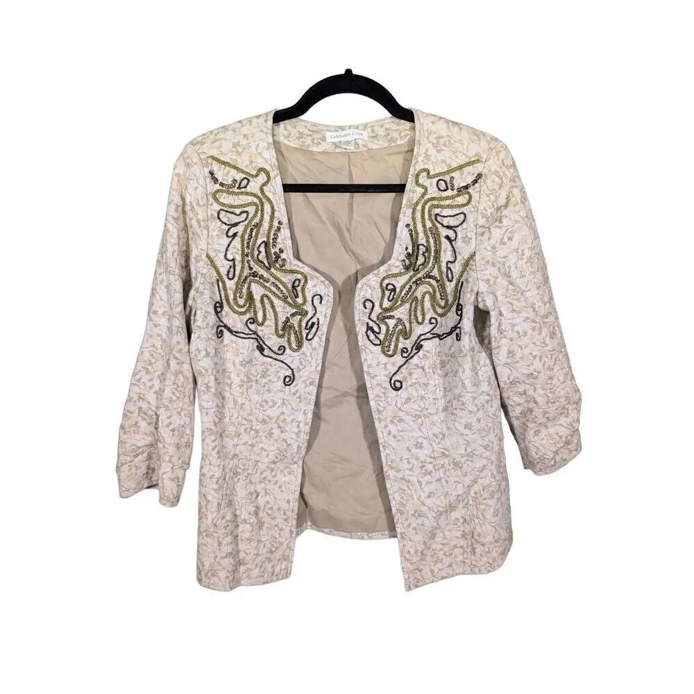 Coldwater Creek Tan Print Beaded Sequin Embellished Open Blazer Jacket Women Siz
